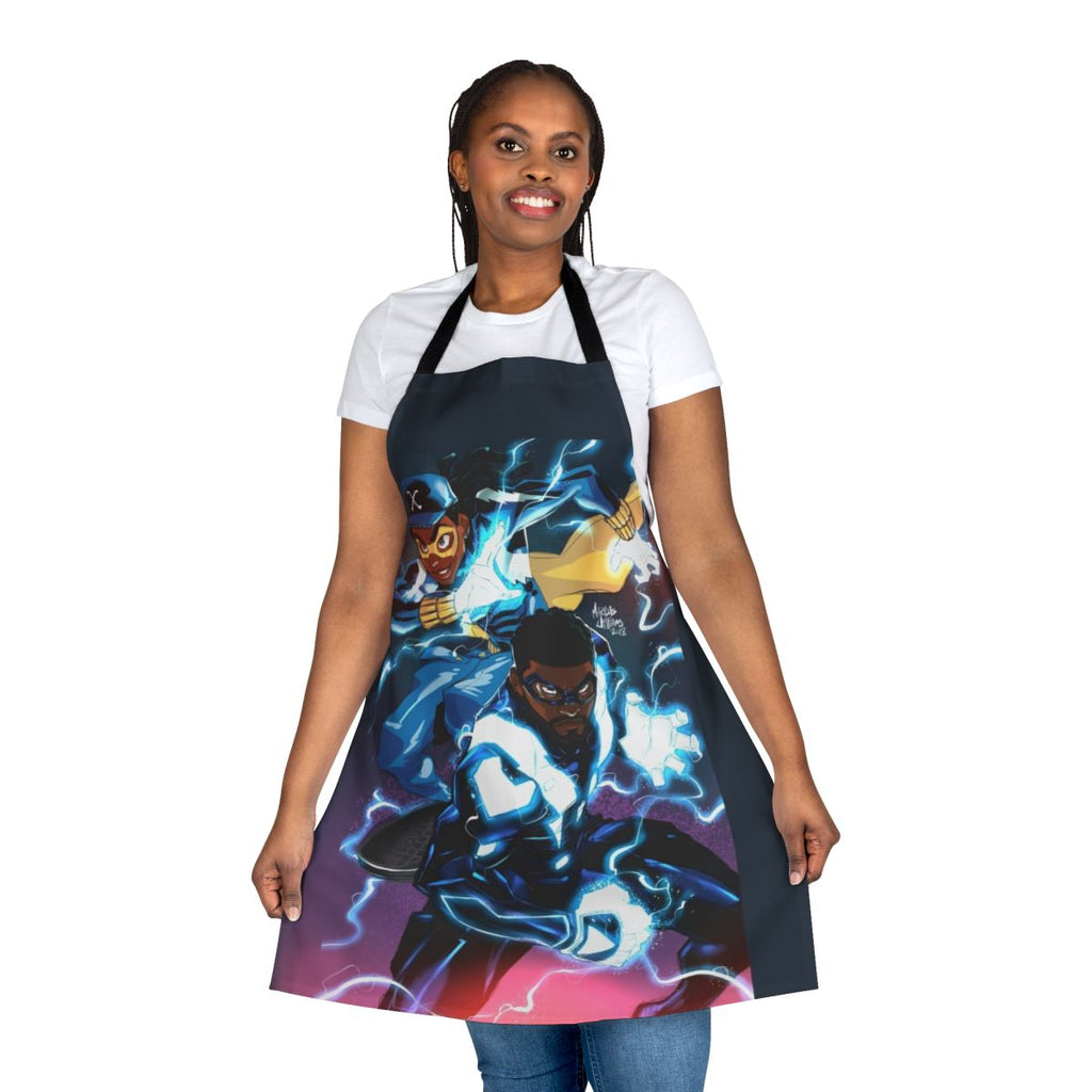 Black apron with electricity-inspired graphic design