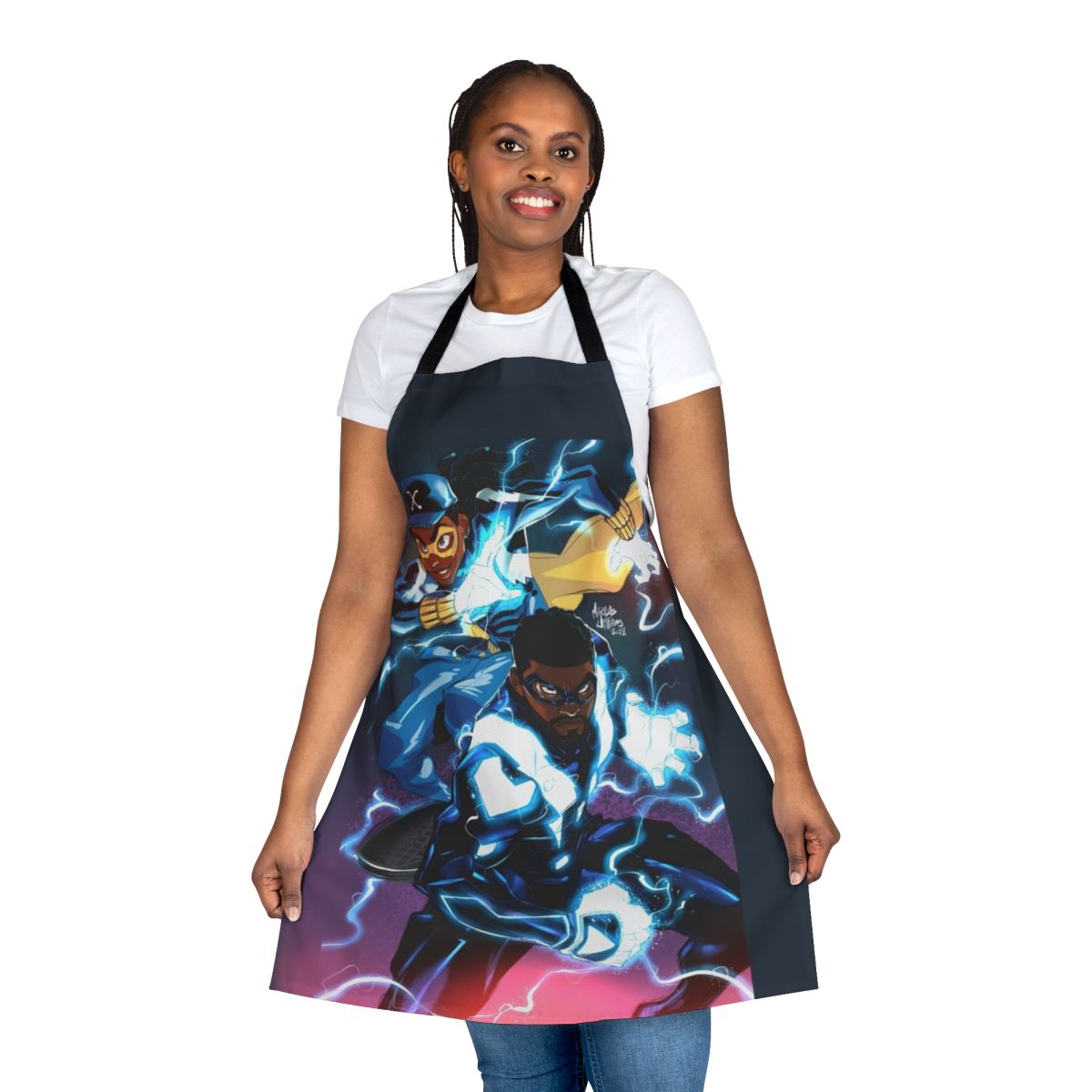 Black apron with electricity-inspired graphic design