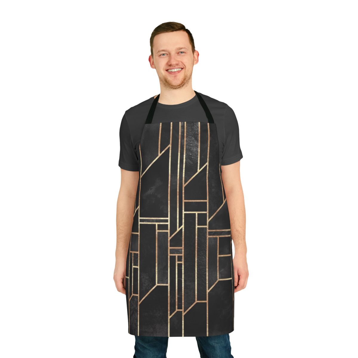 Sleek black apron with abstract geometric pattern