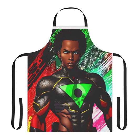 Superhero-inspired apron featuring a bold black design