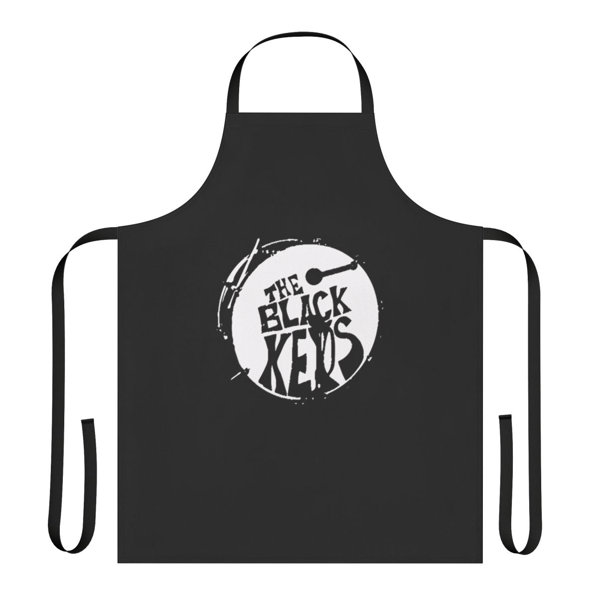 Black and white apron with a stylized round the black keys design