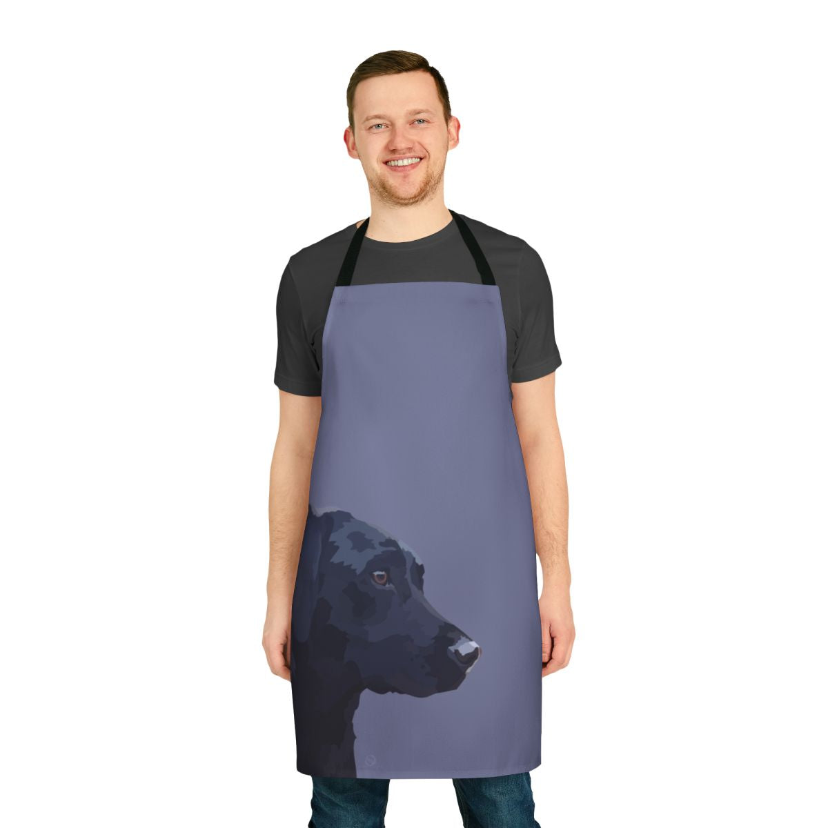 Striking black labrador retriever dog portrait on a high-quality kitchen apron for dog enthusiasts