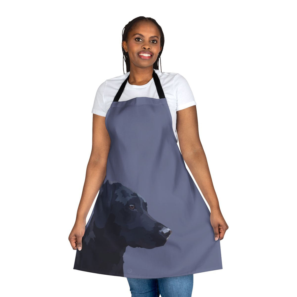 Striking black labrador retriever dog portrait on a high-quality kitchen apron for dog enthusiasts