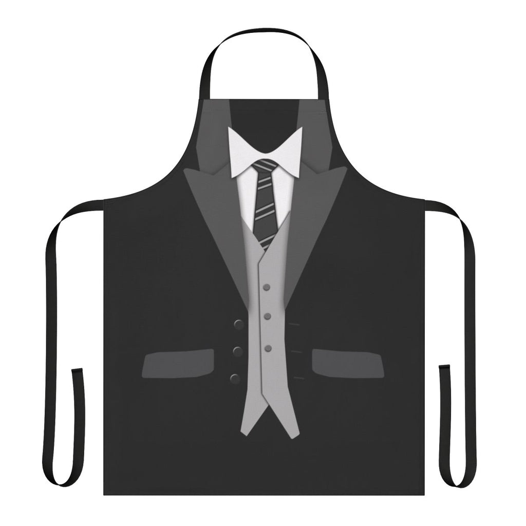 Black suit-themed apron with tie and vest design