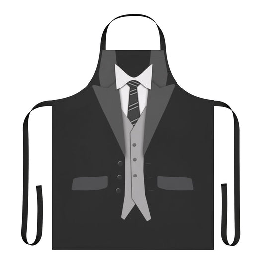Black suit-themed apron with tie and vest design