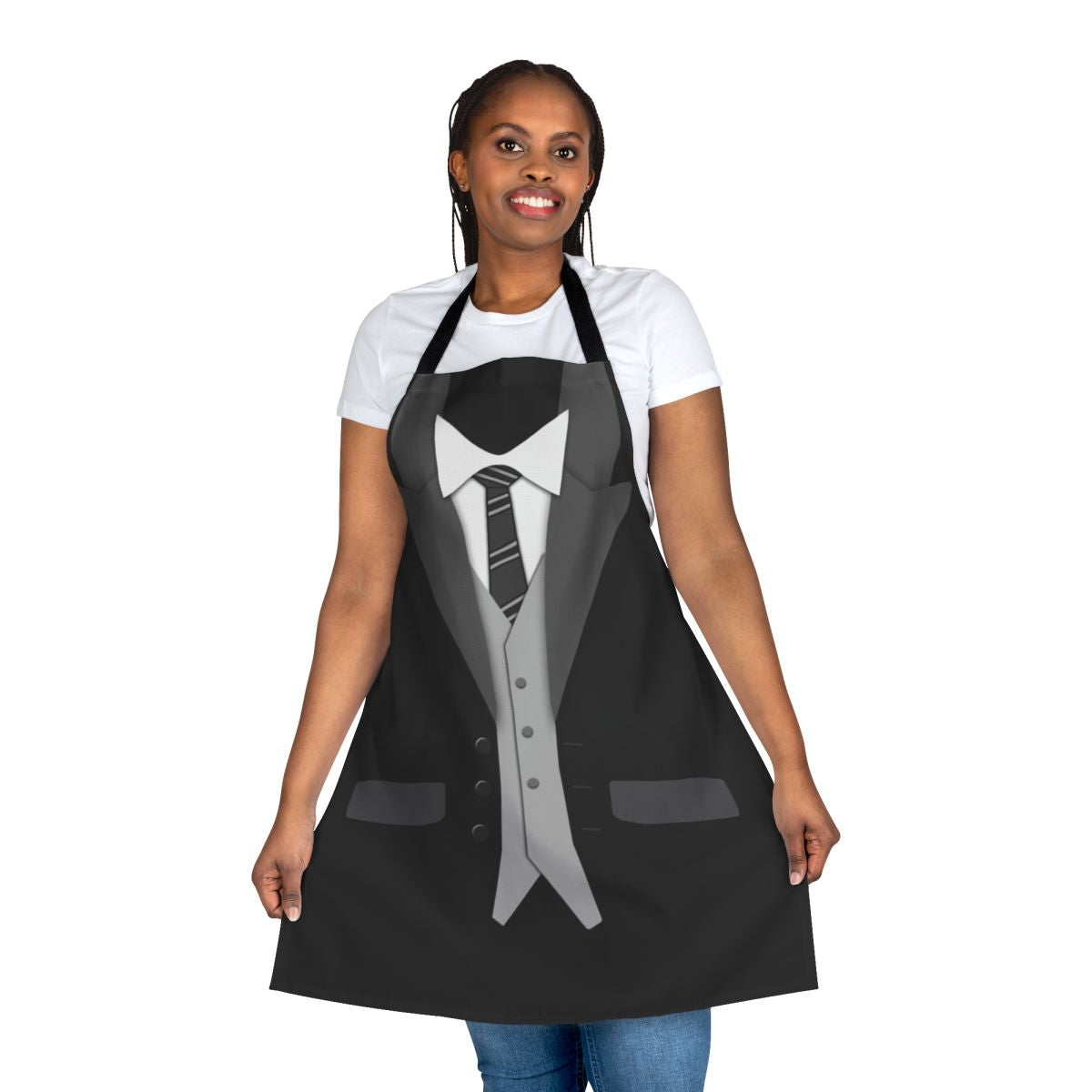 Black suit-themed apron with tie and vest design