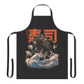 Black sushi dragon apron with retro Japanese wave and monster design