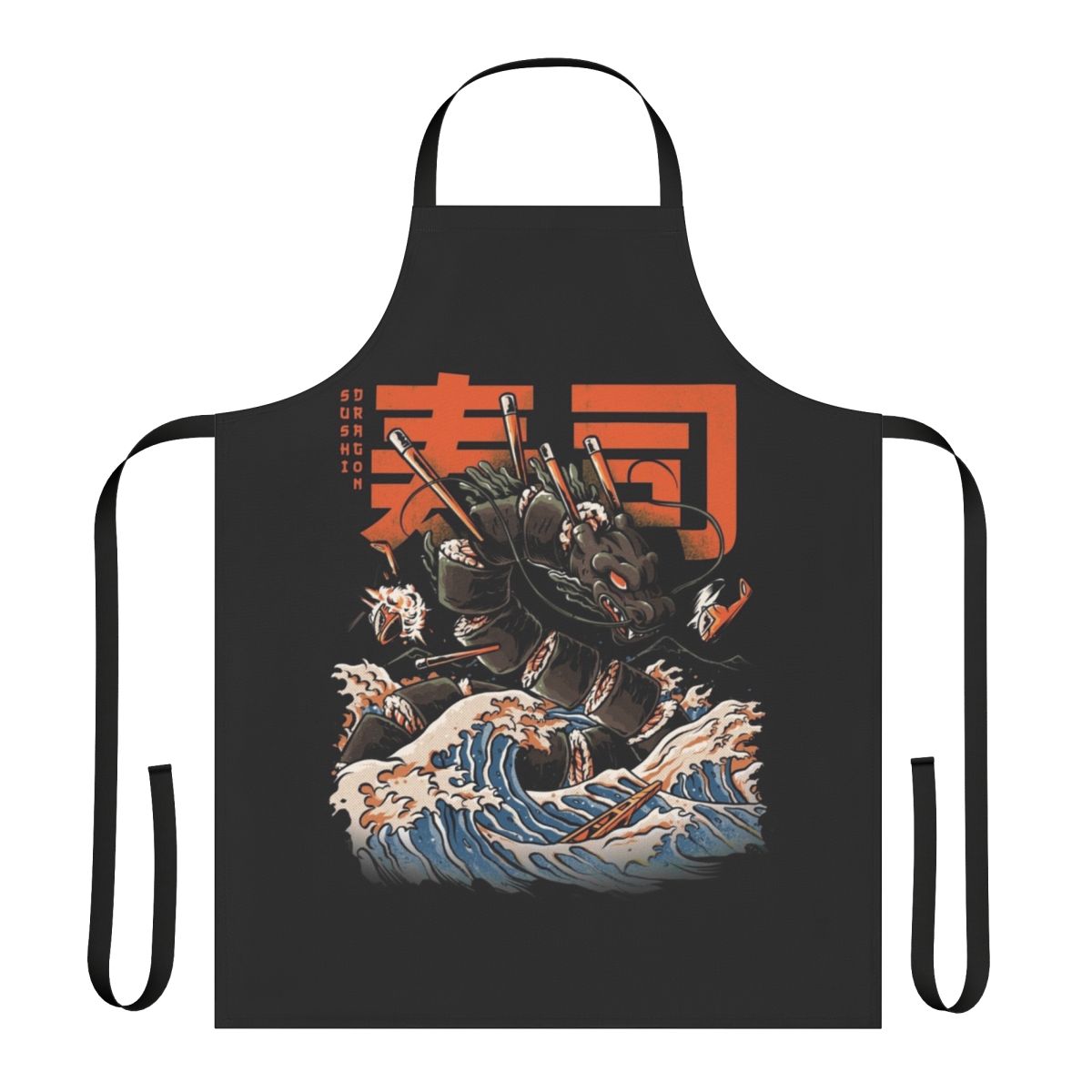 Black sushi dragon apron with retro Japanese wave and monster design