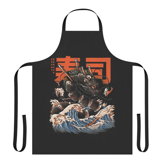 Black sushi dragon apron with retro Japanese wave and monster design