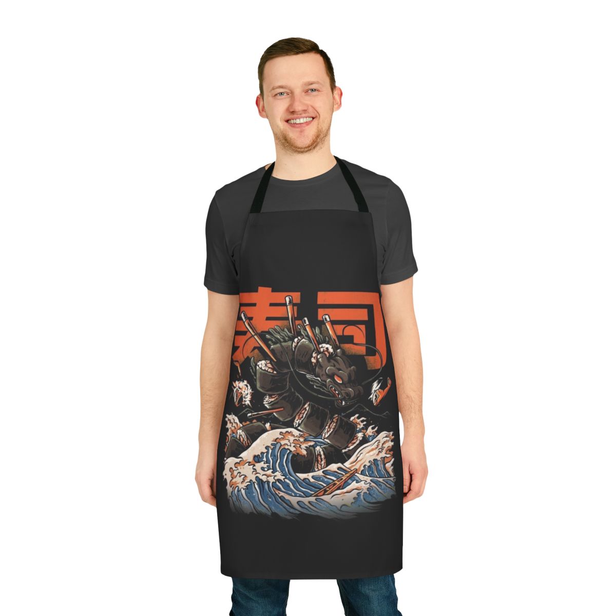 Black sushi dragon apron with retro Japanese wave and monster design