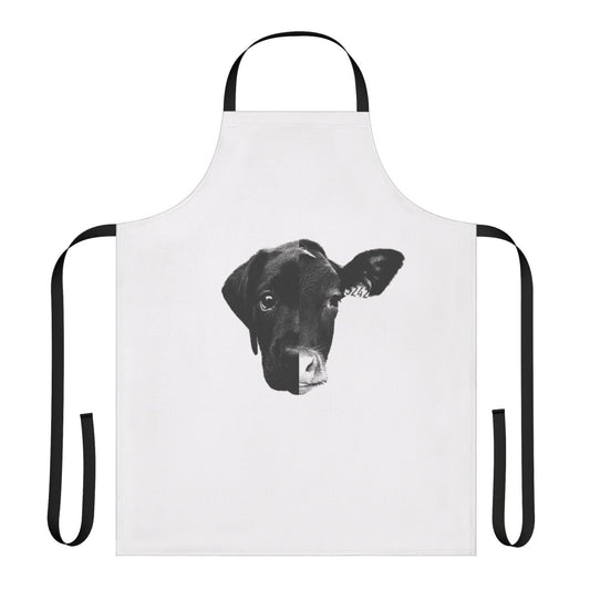 Black and white apron with the Animal Equality logo, promoting animal rights and veganism