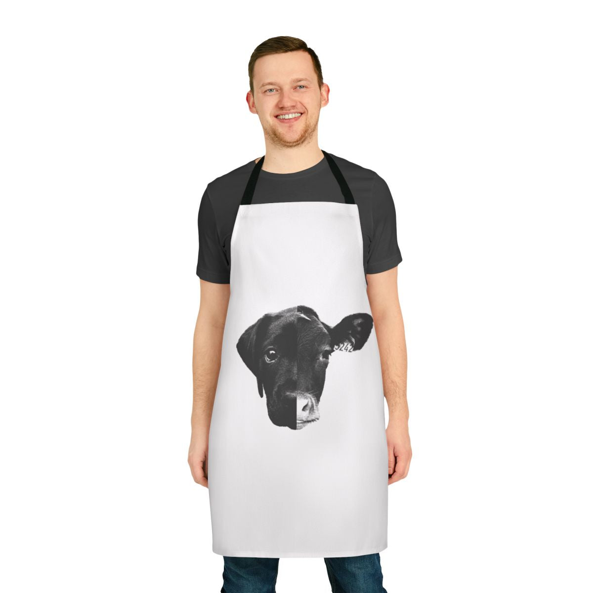 Black and white apron with the Animal Equality logo, promoting animal rights and veganism