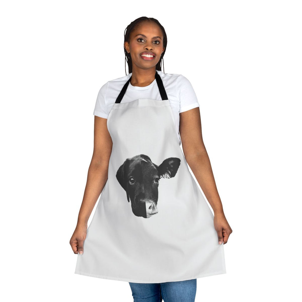 Black and white apron with the Animal Equality logo, promoting animal rights and veganism