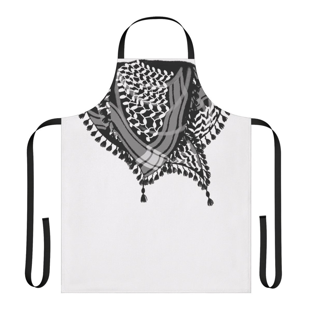 Black and white keffiyeh-patterned apron with tassels