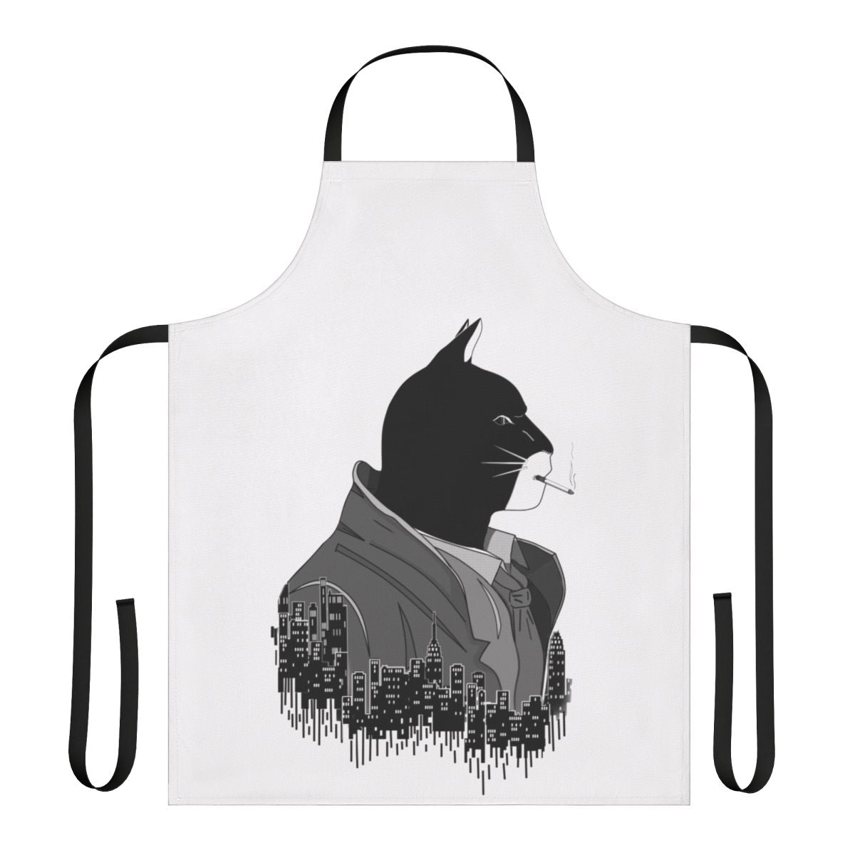 Monochrome apron featuring a stylized cat detective from the Blacksad graphic novel series