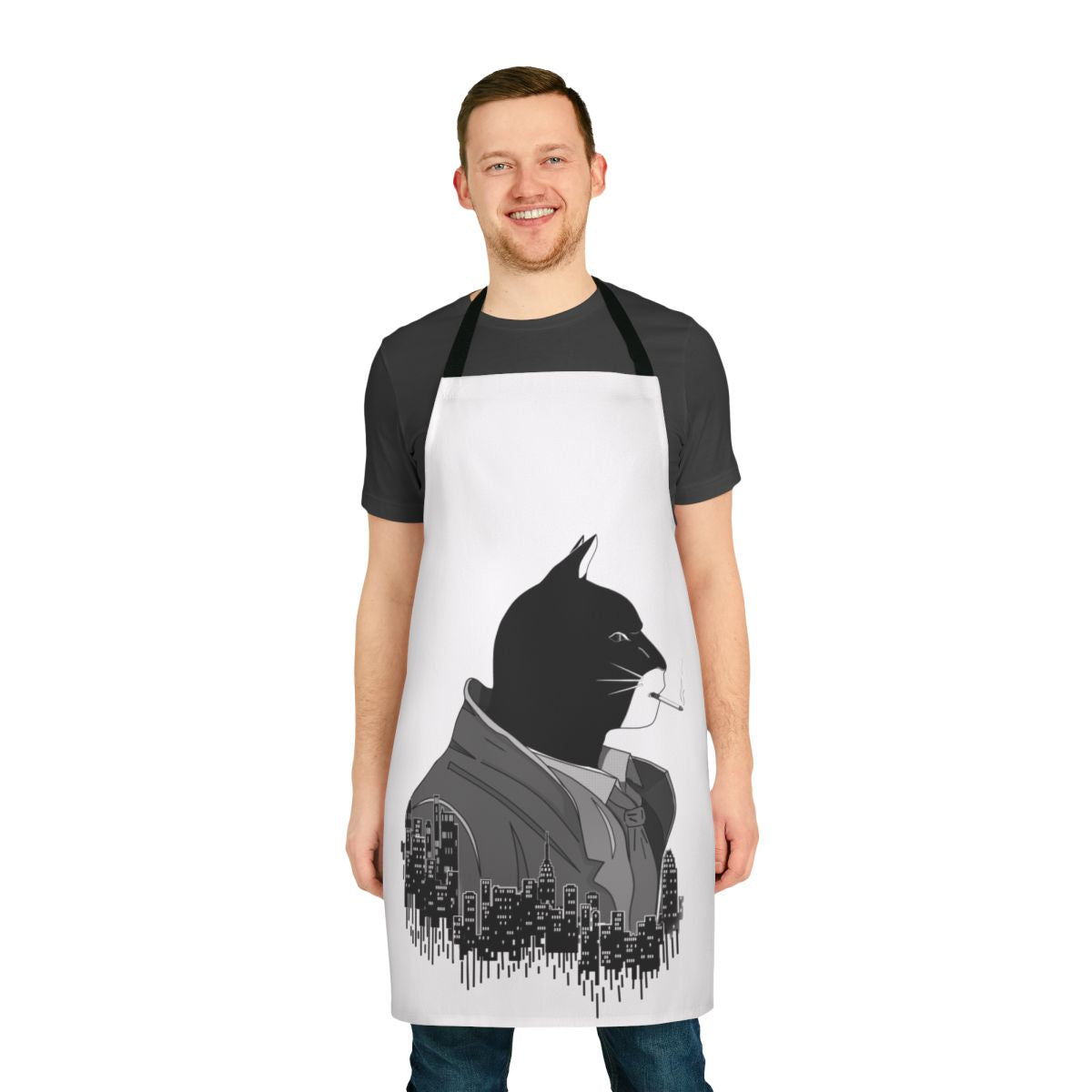 Monochrome apron featuring a stylized cat detective from the Blacksad graphic novel series