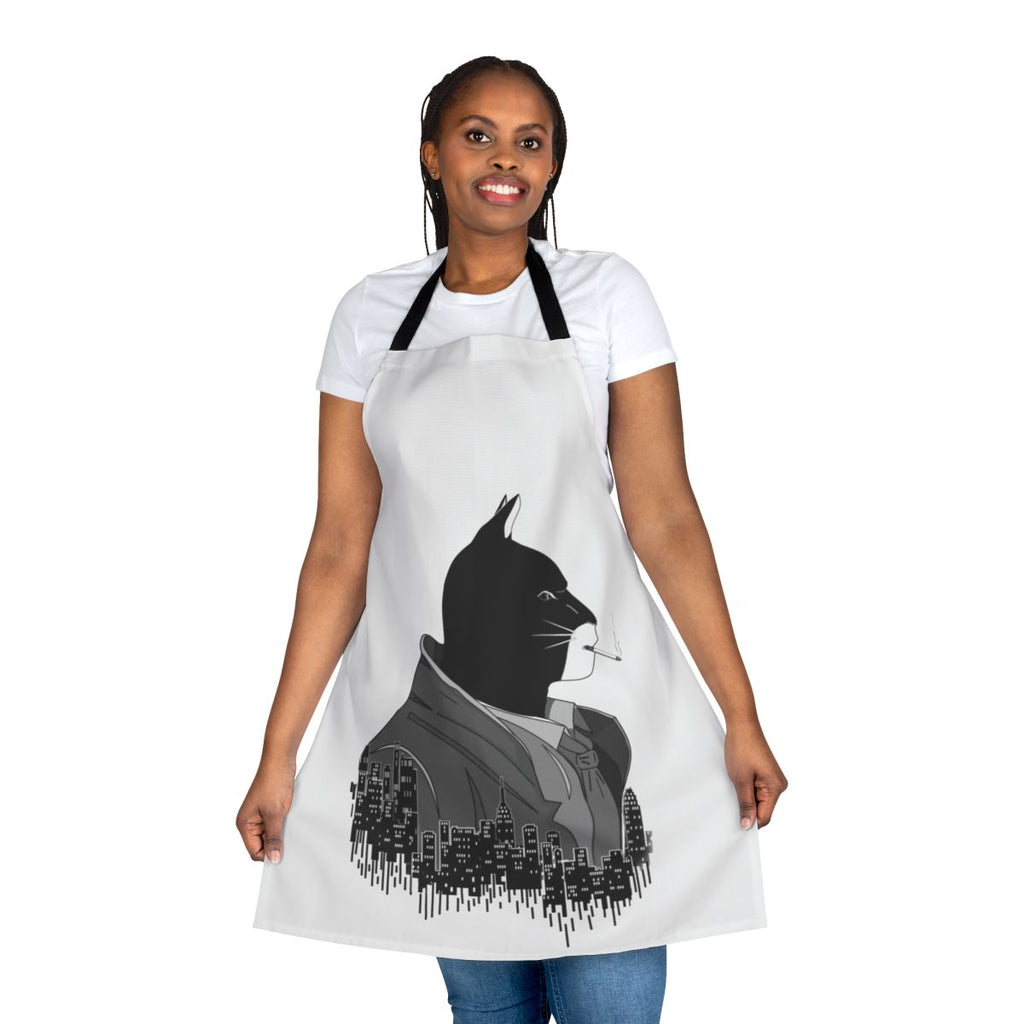 Monochrome apron featuring a stylized cat detective from the Blacksad graphic novel series