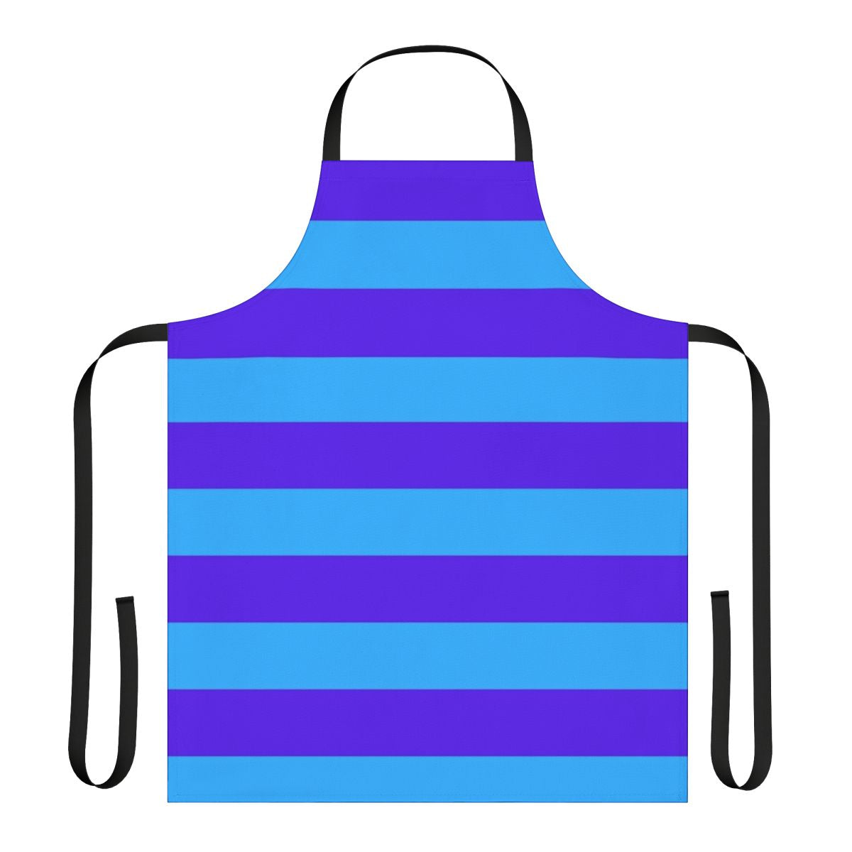 Blue and purple striped apron with a simple, modern design.
