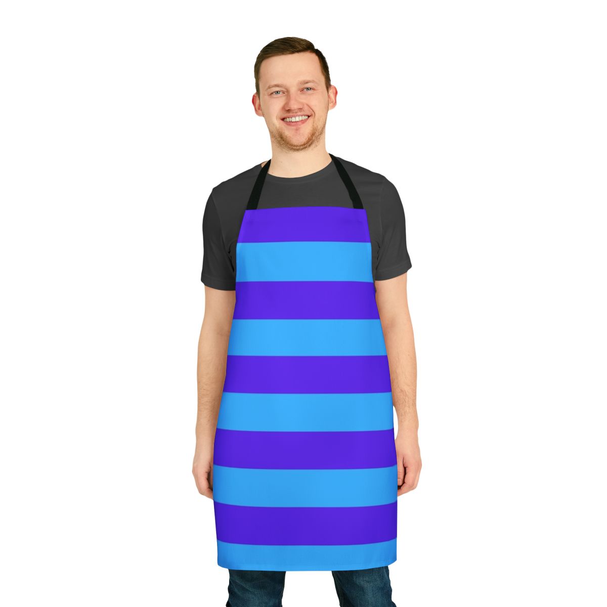 Blue and purple striped apron with a simple, modern design.