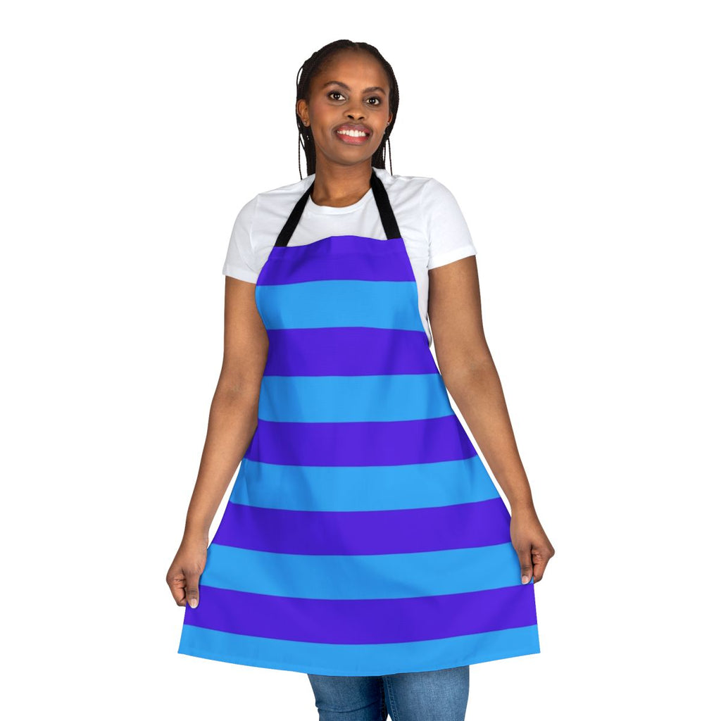 Blue and purple striped apron with a simple, modern design.