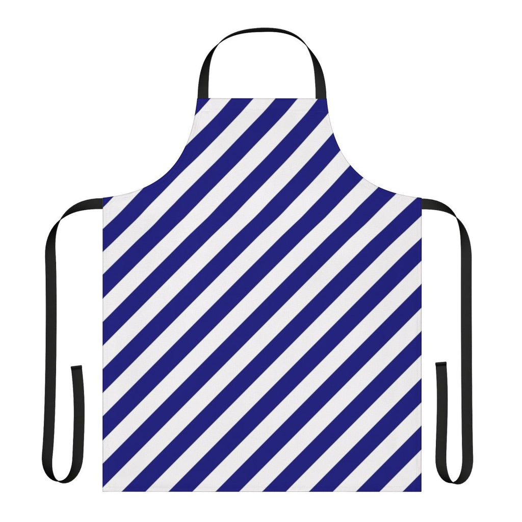 A high-quality blue and white diagonal striped apron, perfect for cooking, baking, or serving in the kitchen.