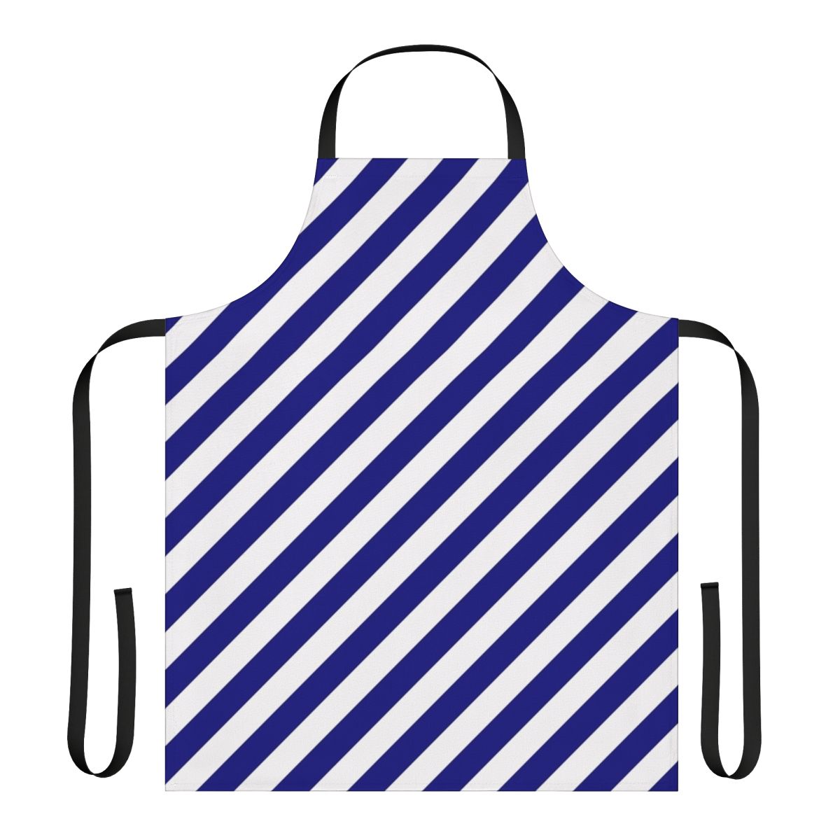 A high-quality blue and white diagonal striped apron, perfect for cooking, baking, or serving in the kitchen.