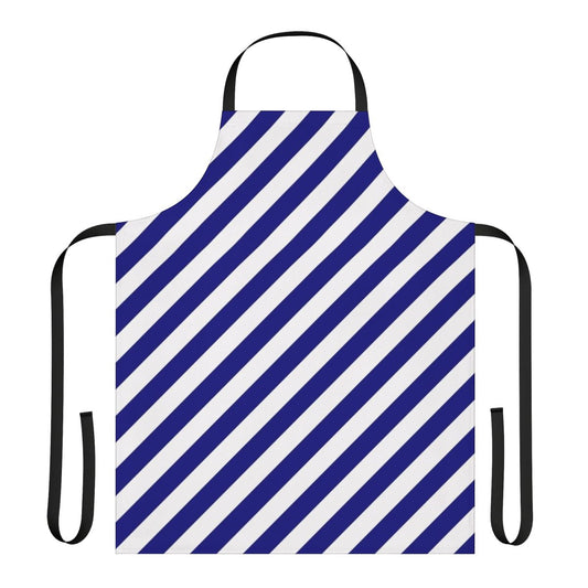 A high-quality blue and white diagonal striped apron, perfect for cooking, baking, or serving in the kitchen.