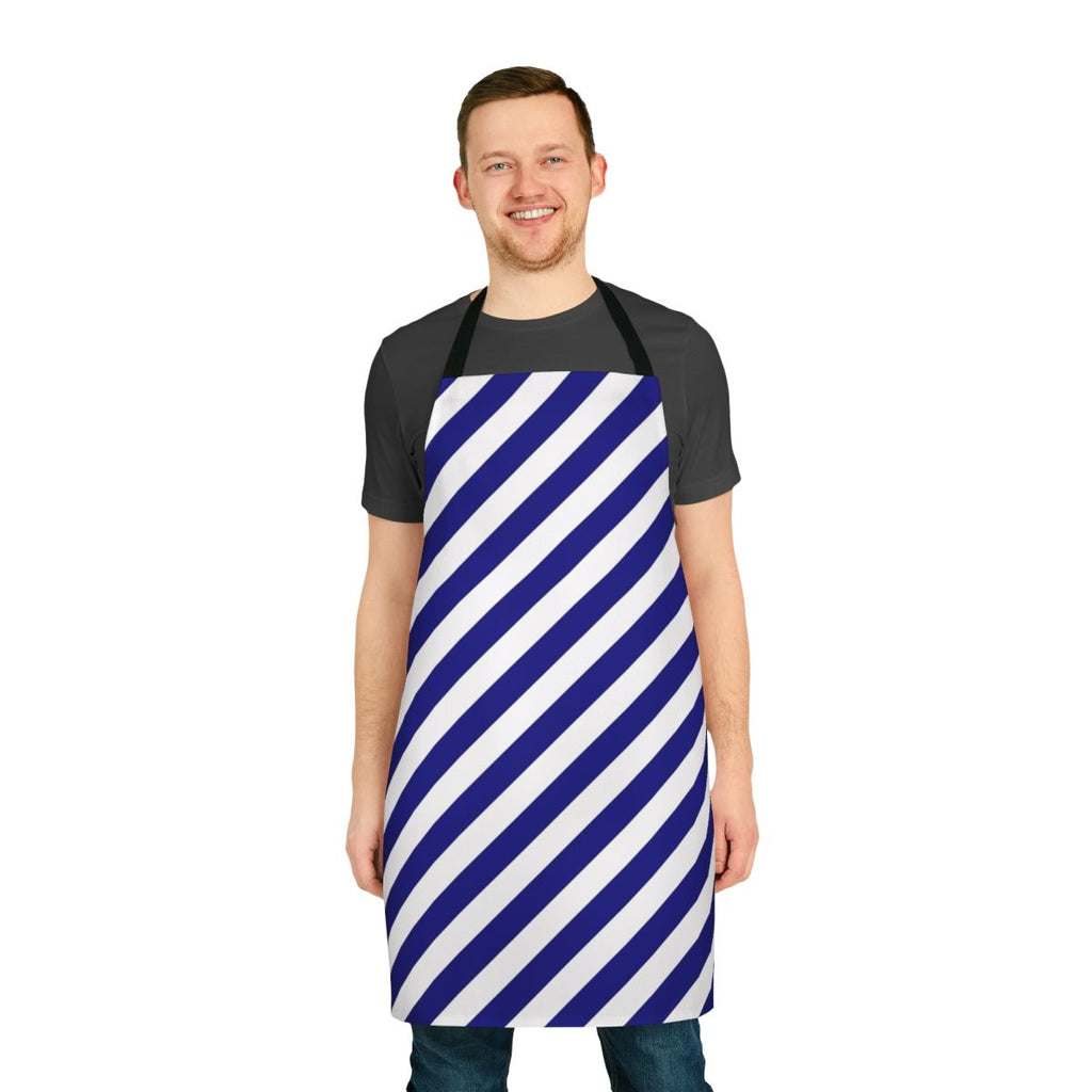 A high-quality blue and white diagonal striped apron, perfect for cooking, baking, or serving in the kitchen.