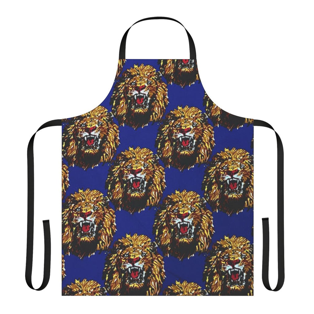 Blue apron with Isi Agu lion head design, featuring a vibrant animal print pattern