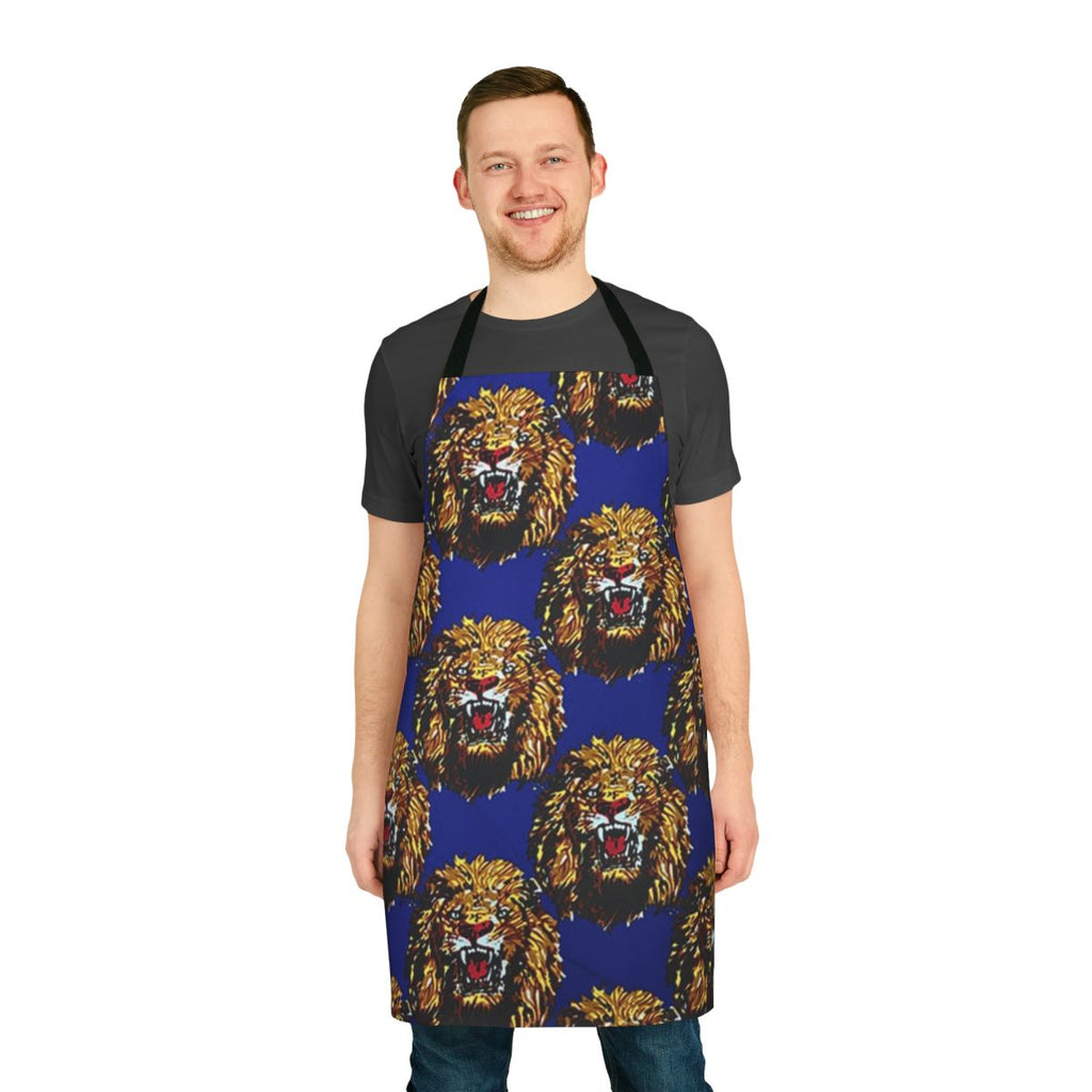 Blue apron with Isi Agu lion head design, featuring a vibrant animal print pattern