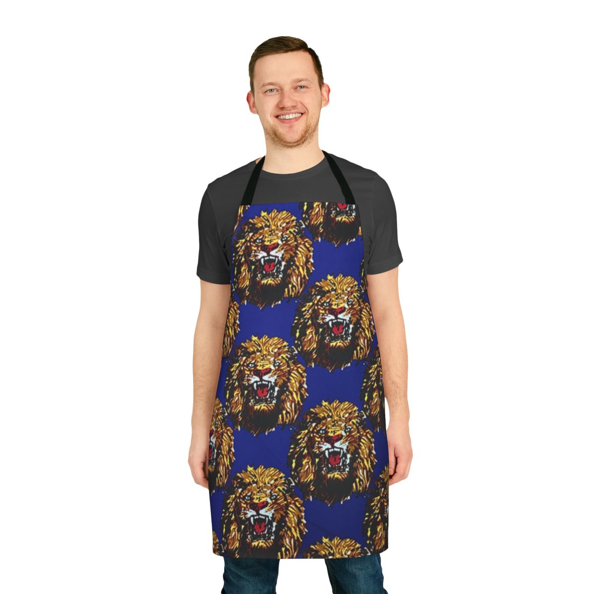 Blue apron with Isi Agu lion head design, featuring a vibrant animal print pattern