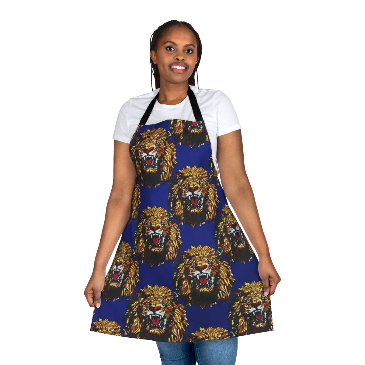 Blue apron with Isi Agu lion head design, featuring a vibrant animal print pattern