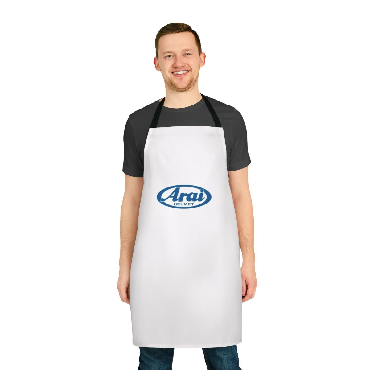 Blue apron with motorsport and automotive design elements