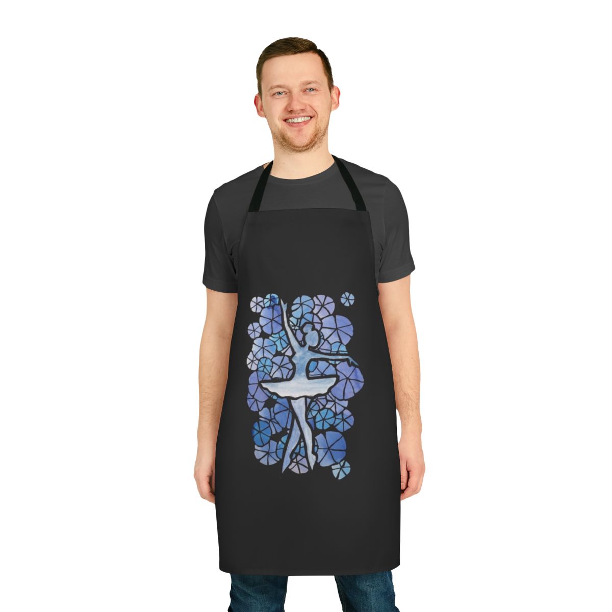 A blue apron with a ballerina design, perfect for ballet teachers or students.