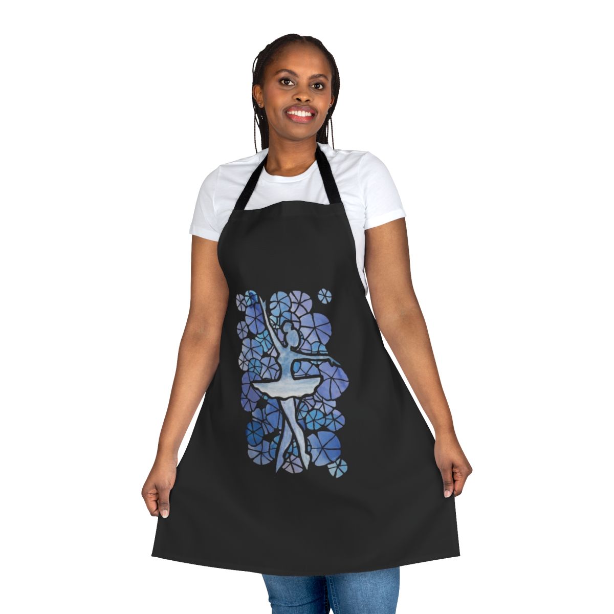 A blue apron with a ballerina design, perfect for ballet teachers or students.