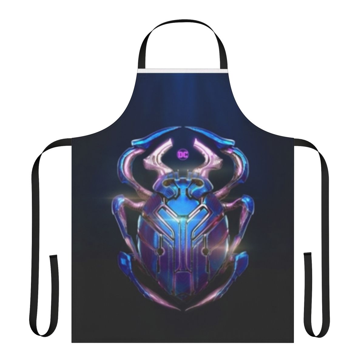 Blue Beetle themed apron with the iconic character's logo and colors