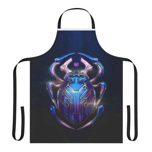 Blue Beetle themed apron with the iconic character's logo and colors