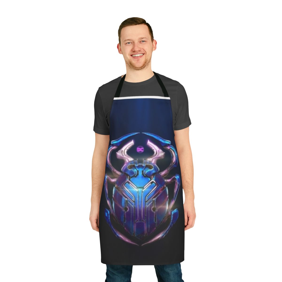 Blue Beetle themed apron with the iconic character's logo and colors