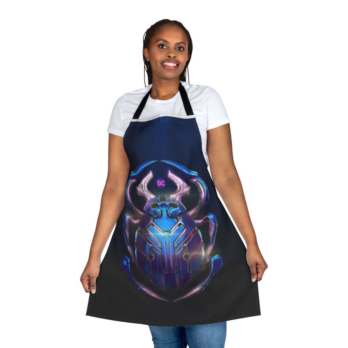 Blue Beetle themed apron with the iconic character's logo and colors