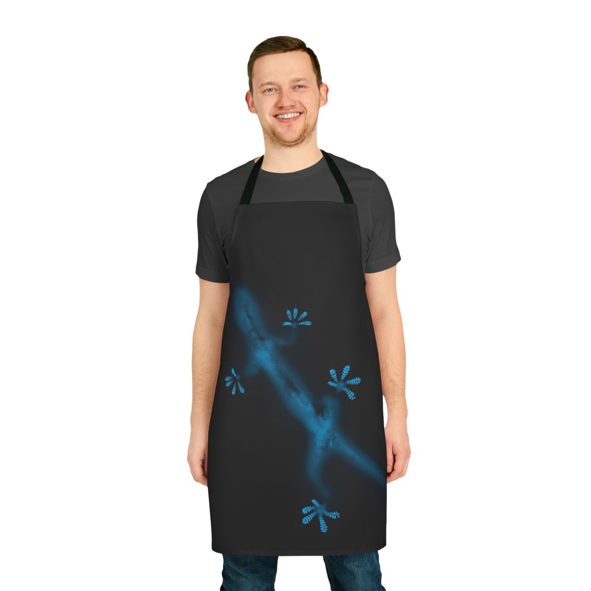 Artistic blue gecko design on a high-quality apron