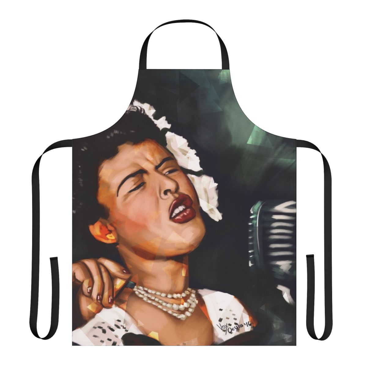 Blue lady apron with musical notes and jazz styling