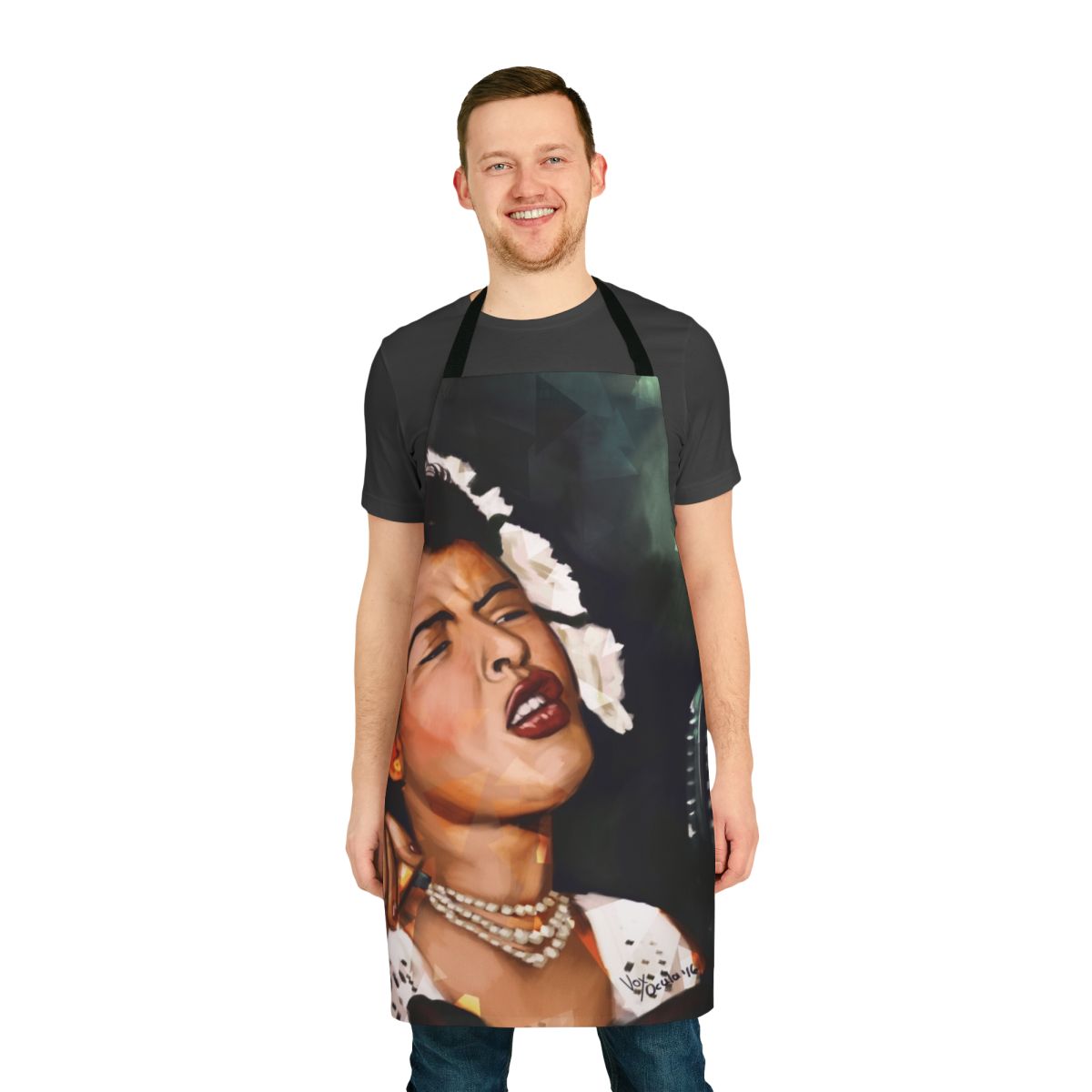Blue lady apron with musical notes and jazz styling