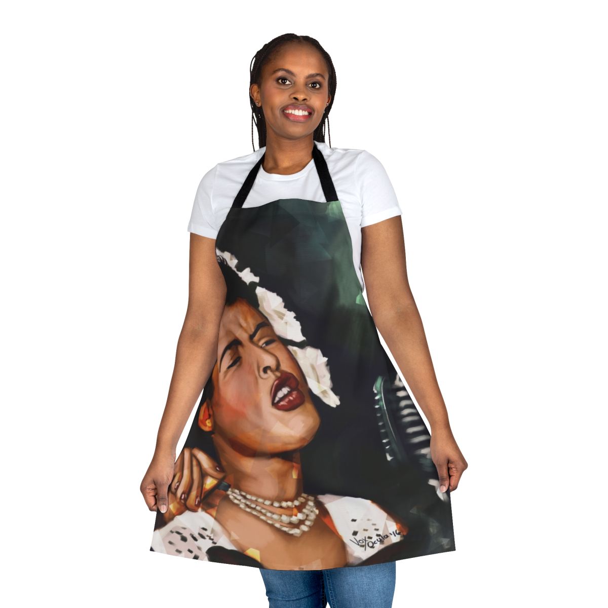 Blue lady apron with musical notes and jazz styling