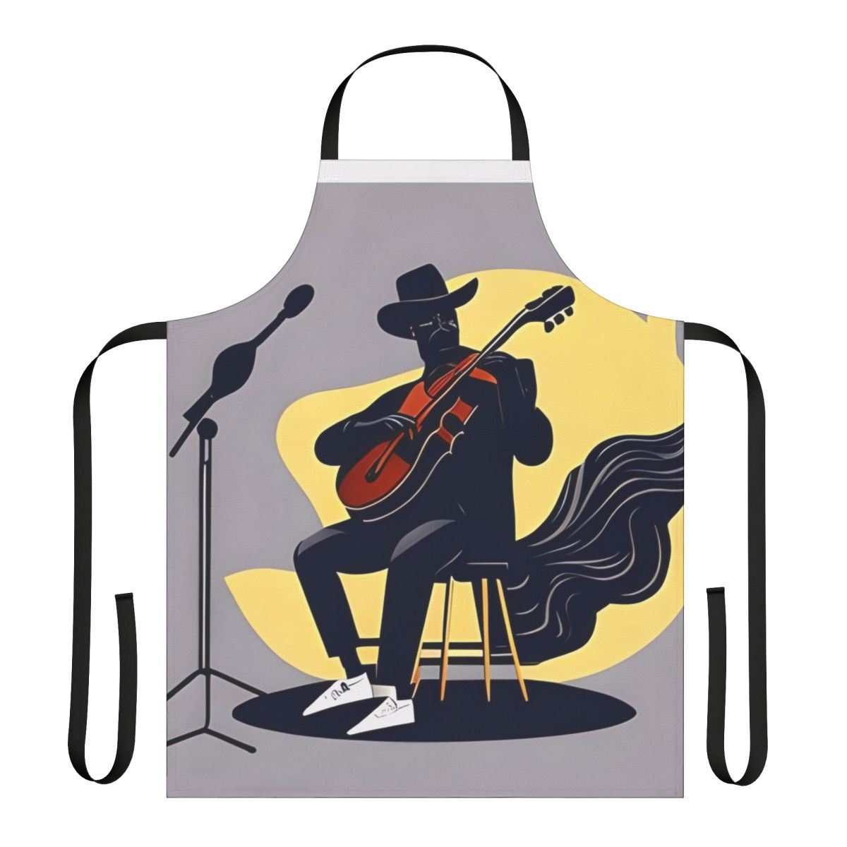 A stylish blue apron with musical notes and other blues-inspired designs for music lovers and artists.