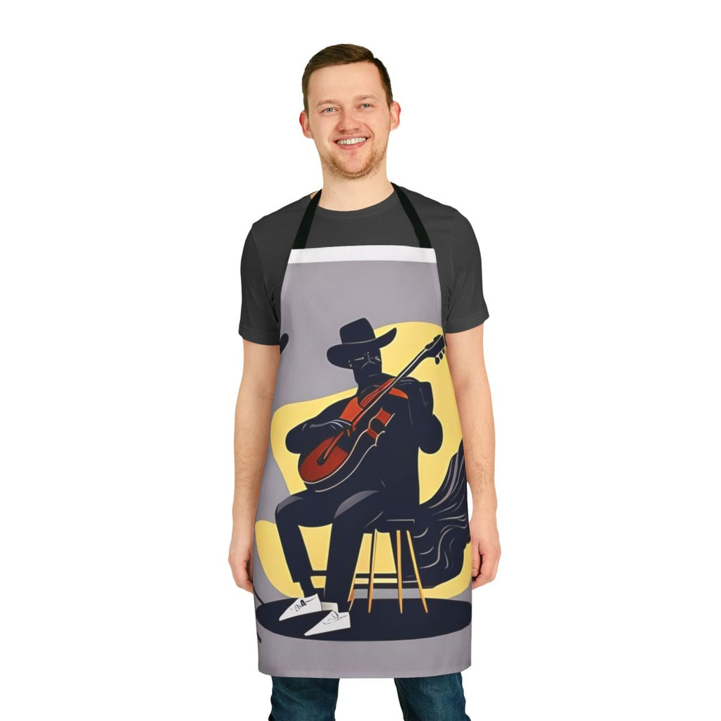 A stylish blue apron with musical notes and other blues-inspired designs for music lovers and artists.