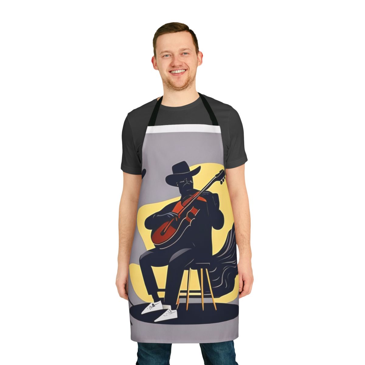 A stylish blue apron with musical notes and other blues-inspired designs for music lovers and artists.