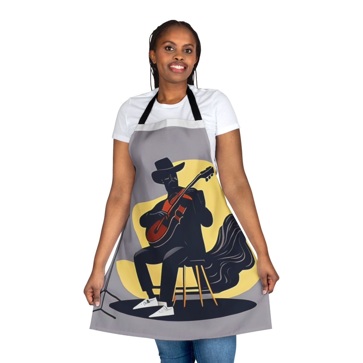 A stylish blue apron with musical notes and other blues-inspired designs for music lovers and artists.
