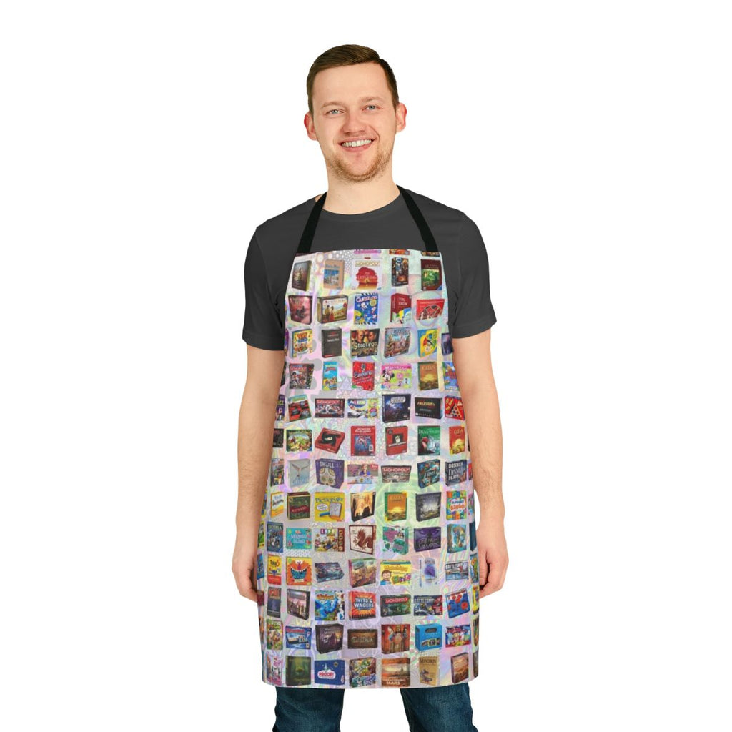 Apron with board game pieces and strategy game design