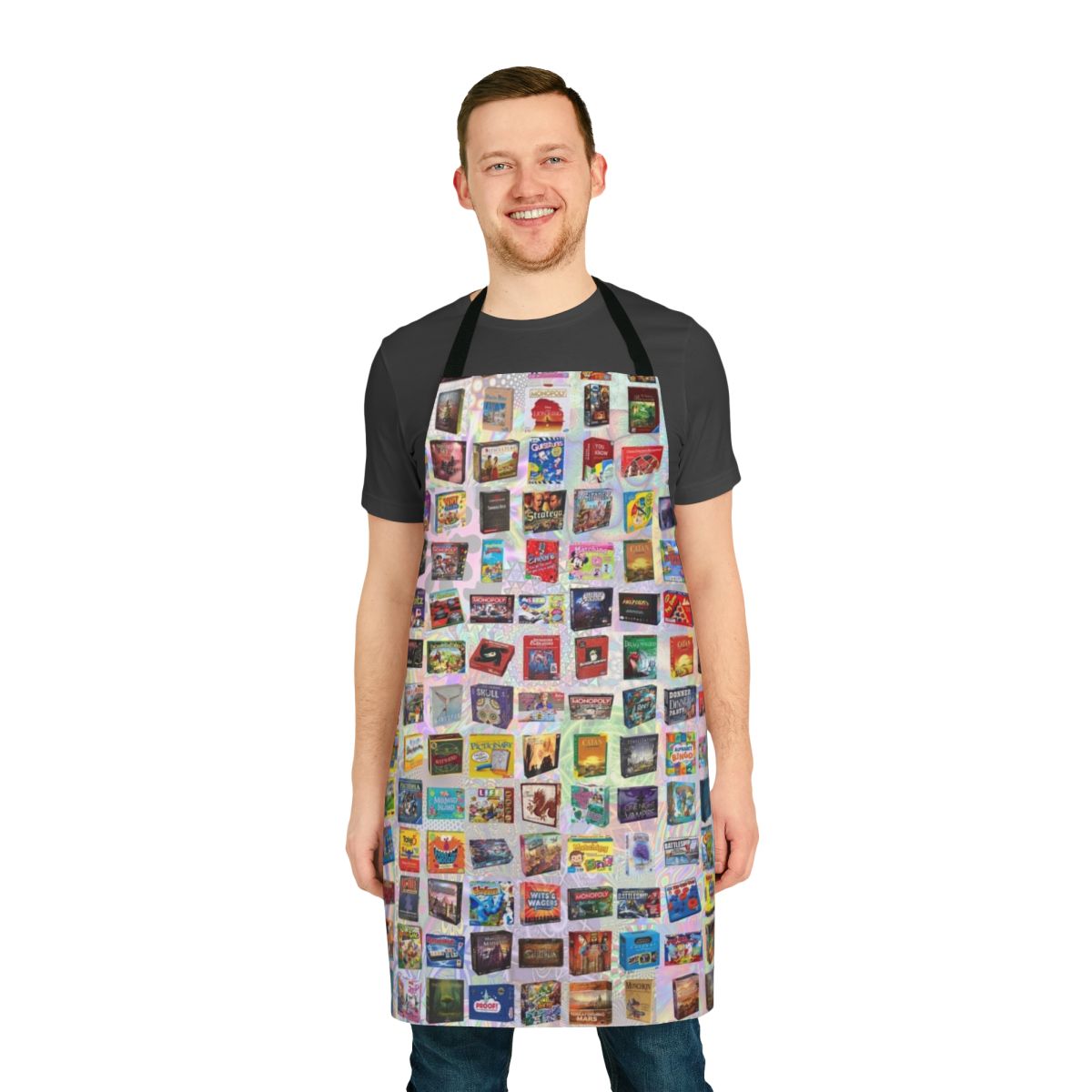 Apron with board game pieces and strategy game design