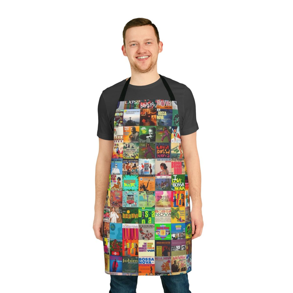 Bossa nova-themed kitchen apron with musical notes and Brazilian design